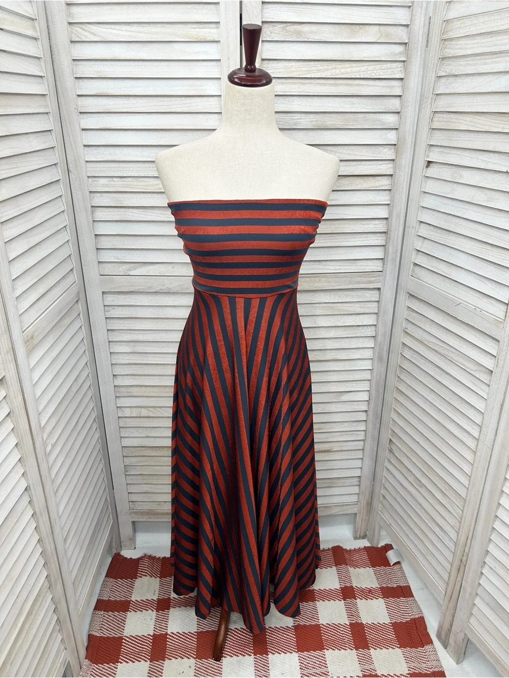 Strapless A-Line Midi Dress in Rust and Navy Stripes